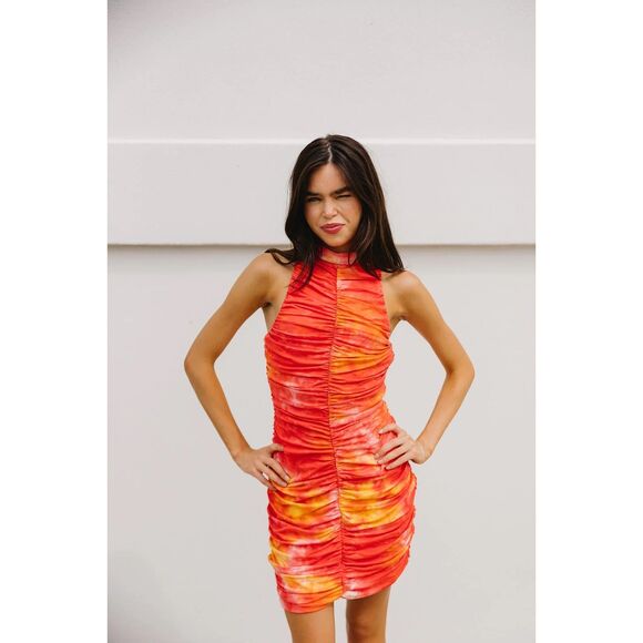 NWOT Torn by Ronny Kobo Kit Ruched Bodycon Mini Dress in Sunset Pink & Orange XS - Picture 2 of 13